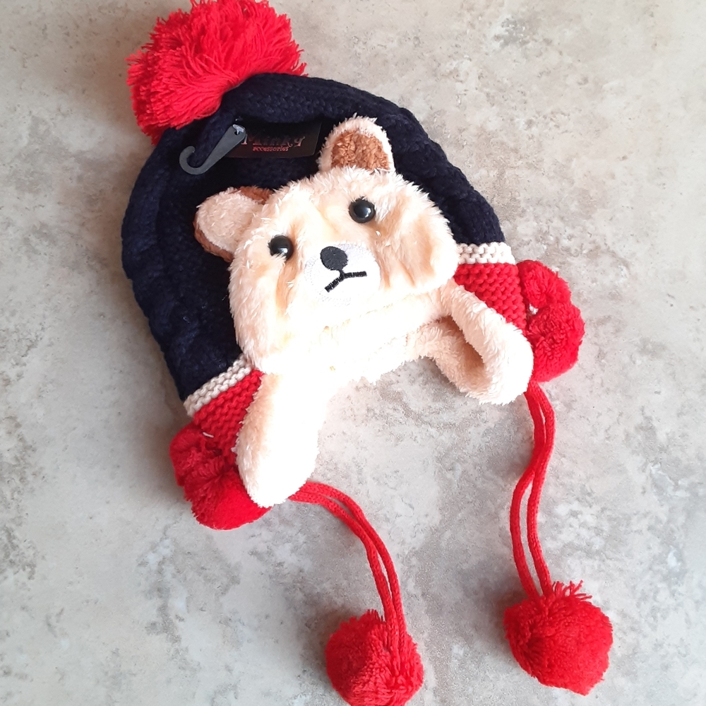 Kids Baby Bear Red Beanie with Pom pom